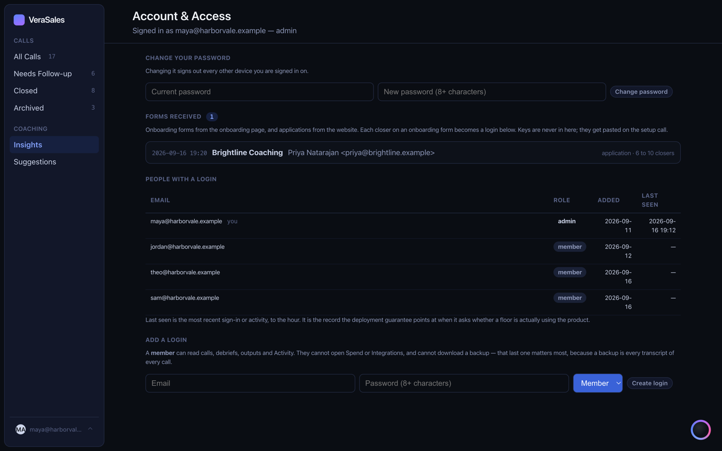 Account and Access: who has a login, their role, and when they were last seen.